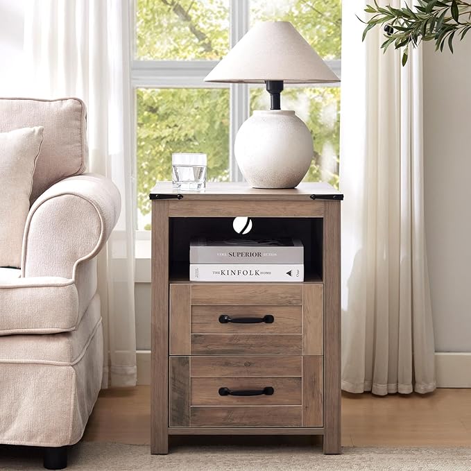 Sierra Rustic Night Stand Set of 2, Farmhouse End Table, Modern Bedside Table with 2 Storage Drawers and Open Shelf, Tall Nightstand for Bedroom