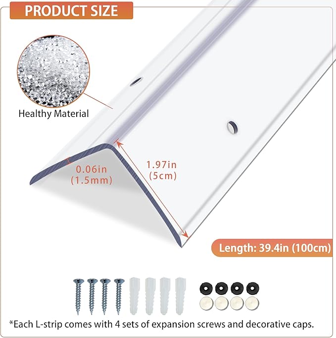 Clear Screws Installation Wall Corner Protectors, Thickened L-Shaped Furniture Edge Shields & Guards for Sharp Wall, Door Frame, Table (2pcs x 39.4’’L x 1.97’’W)