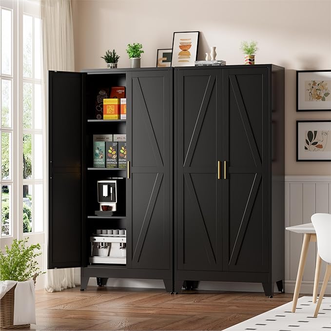 61" Black Metal Storage Cabinet, Farmhouse Pantry Cabinet with 2 Vintage Barn Doors and 3 Adjustable Shelves, Rustic Freestanding Cupboard for Kitchen,Home Office Living Room,Dining Room
