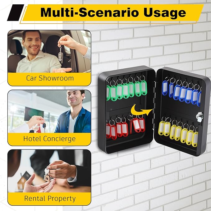 Ripeng 28-Keys Key Lock Box Wall Mount Steel Key Cabinet Lock Box Security Holder with Tags and Hooks Organizer Wall Safe Storage for Car Office Hotel House Rental Business, Black