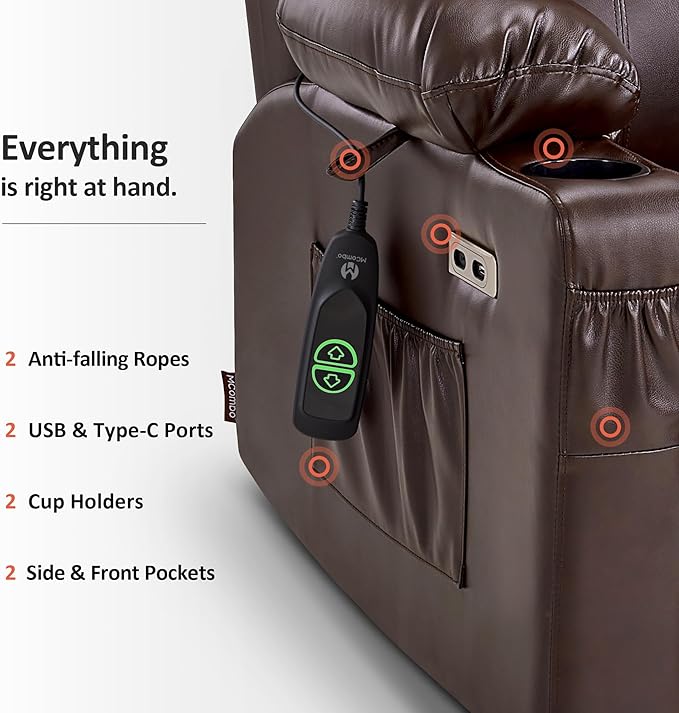 MCombo Power Lift Recliner Chair for Elderly, Lift Chair with Heat and Massage, FSC Certified, USB Ports, Cup Holders, Faux Leather 7141 (Dark Brown, Small)