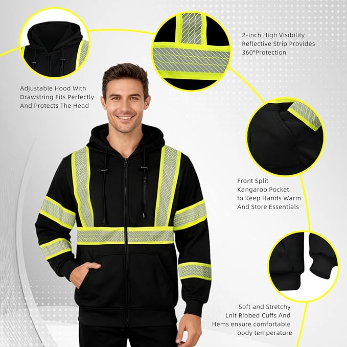 GLIMMR High Visibility Safety Hoodie Reflective ANSI Class 3 Sweatshirts for Men Hi Vis Construction Work Zipper Jackets