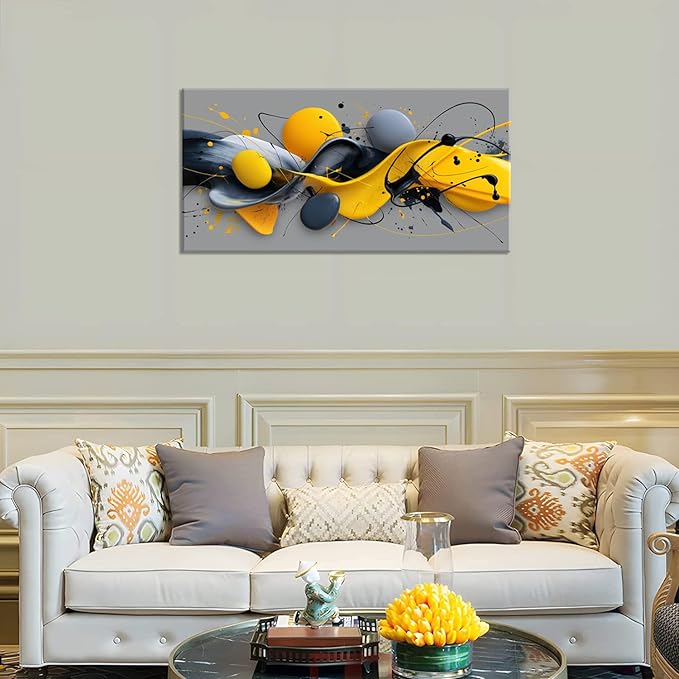 Yellow Abstract Splash Pigment Wall Art for Living Room Canvas Painting Prints Dynamic Art Deco Gray Vibrant Artwork Office Bedroom Family Decor Extra Large