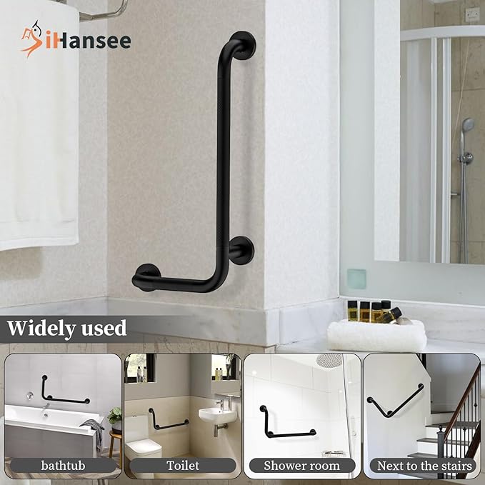 L-Shaped Angled Grab Bar 12x24 Inch Matte Black Anti-slip Knurled Shower Handles Wall Mount, 1.25" Diameter Shower Bars for Seniors Injured Balance Support, Handicap Grab Bars for Bathtubs and Showers