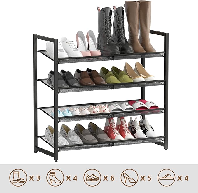 Metal Shoe Rack for Closet,entryway, 4-Tier Shoe Organizer, Adjustable Flat or Angled Shelves, Holds up to 20 Pairs Shoes, Black
