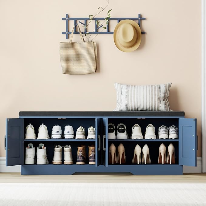 2-Tier Storage Bench, 47.2" Wide Shoe Bench with Padded Seat Cushion, Entryway Bench with 4 Barn Doors and Adjustable Shelf, Blue