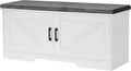 2-Tier Storage Bench, 39.4" Wide Shoe Bench with Padded Seat Cushion, Entryway Bench with 2 Barn Doors and Adjustable Shelf, White