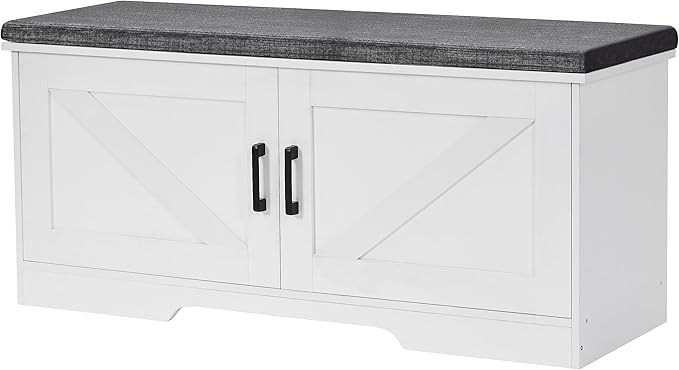 2-Tier Storage Bench, 39.4" Wide Shoe Bench with Padded Seat Cushion, Entryway Bench with 2 Barn Doors and Adjustable Shelf, White