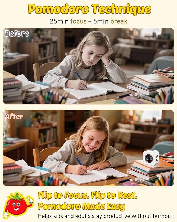 Pomodoro Timer Cube Visual Productivity Flip Timer for Kids Classroom Desk, 5/10/25/50min&Custom Countdown, Silent&Sound Mode Digital Cube for ADHD Study Work School Game Kitchen (White)