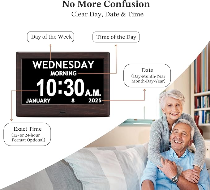 7'' Digital Clocks, 12 Reminders & 6 Alarms, Dementia Clock with Date and Time for Elderly, Auto-Dimming, Button & Remote Control, Auto DST, Digital Calendar for Seniors Large Display, Brown Woodgrain