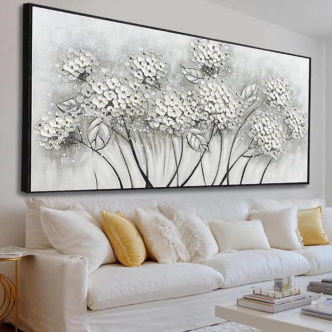 SOUGUAN Plant Hand Painted Wall Art White Wall Decor Floral Canvas Painting 32"x70" Large Artwork for Bedroom Decorative Pictures for Living Room