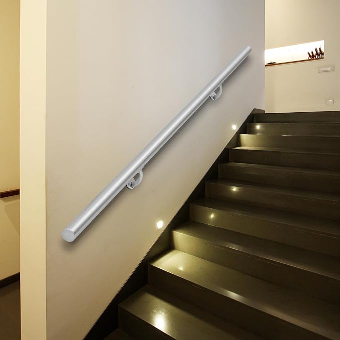 4 FT Modern Aluminum Handrail Set, handrails for Indoor Stairs,Deck,Slope, Wall Mounted Staircase handrails, Zink Alloy Brackets Included,Rust Free. (Anodized Silver, 4 FT)