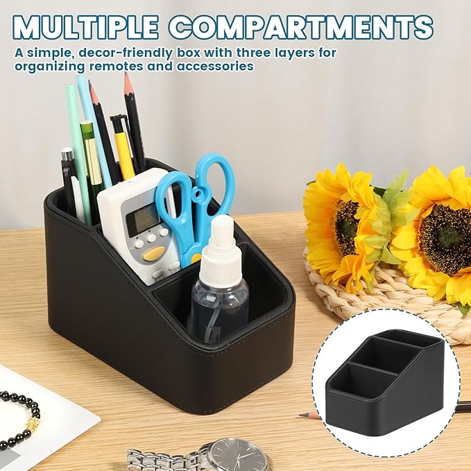 PU Remote Control Holder, Small Desk Organizer Office Supply Bedside Caddy for Nightstand End Table Remote Organizer with 3/4 Compartment (Black)(3 grids)