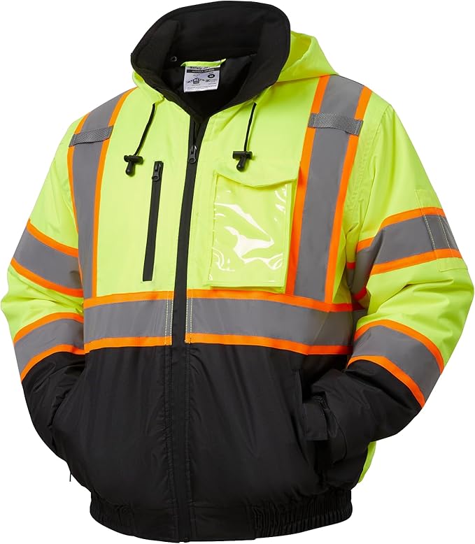 sesafety Reflective Jacket for Men, High Visibility Jackets, Safety Jackets for Men, Hi Vis Construction Bomber Jackets Waterproof with Pockets and Zipper, Black Bottom, Class 3