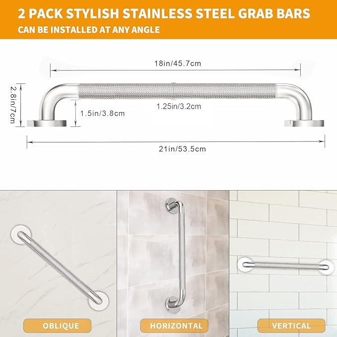 2 Pack Shower Grab Bar with Knurled Anti-Slip Grip 18 Inch ADA Compliant 500lbs Supporting with Concealed Screws 304 Stainless Steel Brushed Nickel Handicap Bars for Bathroom