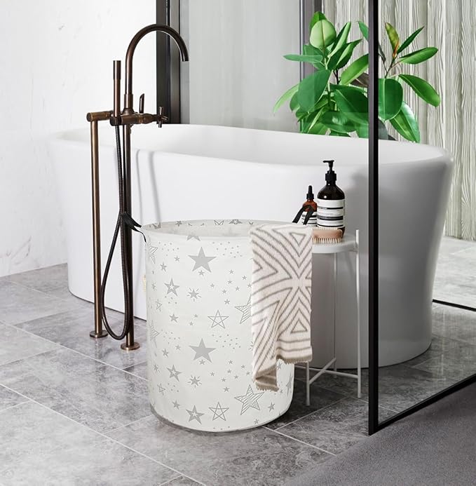 19.7 Inch Round Laundry Clothes Hamper Laundry Basket with Handles,Storage Organizer Bins Laundry Gift Basket for Room, Bedroom Decor (Grey Star)