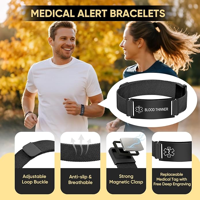 VNOX Medical Alert Id Bracelet for Men Women, Custom Engraving Adjustable Stainless Steel Customizable Mesh Emergency Survival Medic Bracelets Wristband Loop Band with Replacement Tag