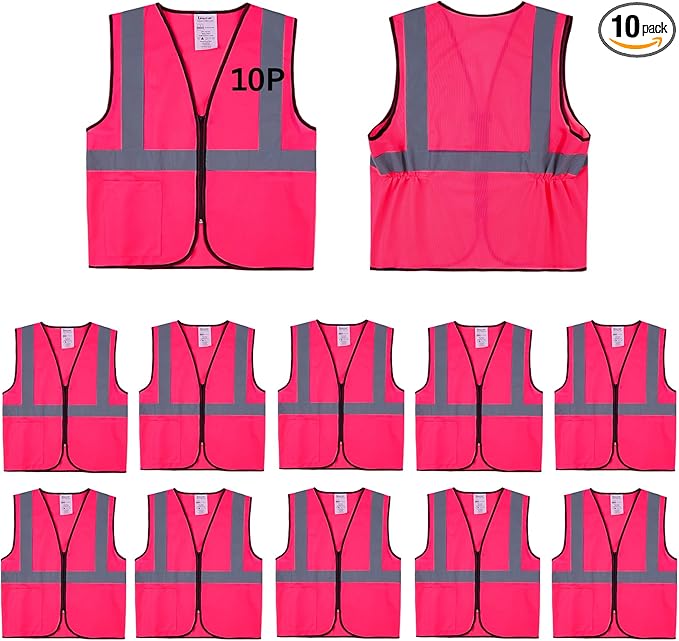 Pink Safety Vests 10 Pack - Reflective High Visibility Construction ANSI Class 2 Work Vests for Men,Woman with Zipper,Hi Vis Mesh and Neon Silver