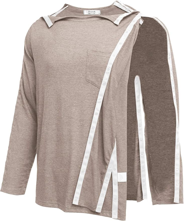 Deyeek Men's Post Shoulder Surgery Recovery Shirts Full Tear Away Long Sleeve Snap Chemo Port Access Shirt