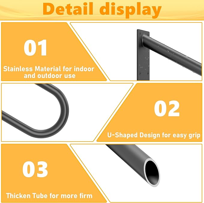 ROTHLEY Hand Rails for Outdoor Steps: U-Shape Black Handrails for 1-3 Steps Wall Mount Stair Hand Railing 1.3" Pipe Grab Bars Stainless Steel Safety Handle for Garage Porch Garden