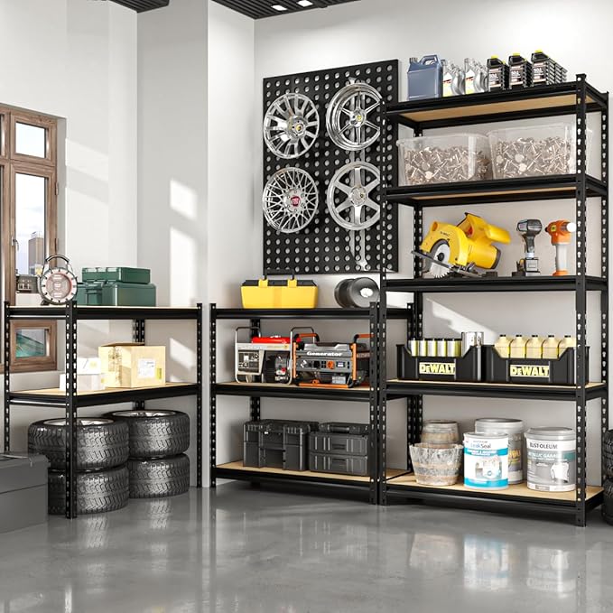 60" H x28 W x12 D: Father&I 5-Shelf-Storage-Rack Metal+Wood Garage/Kitchen Pantry Shelves Steel Utility Stand Shelving Unit Adjustable Heavy-Duty Shed Closet/Attic/Laundry Organizer, Black