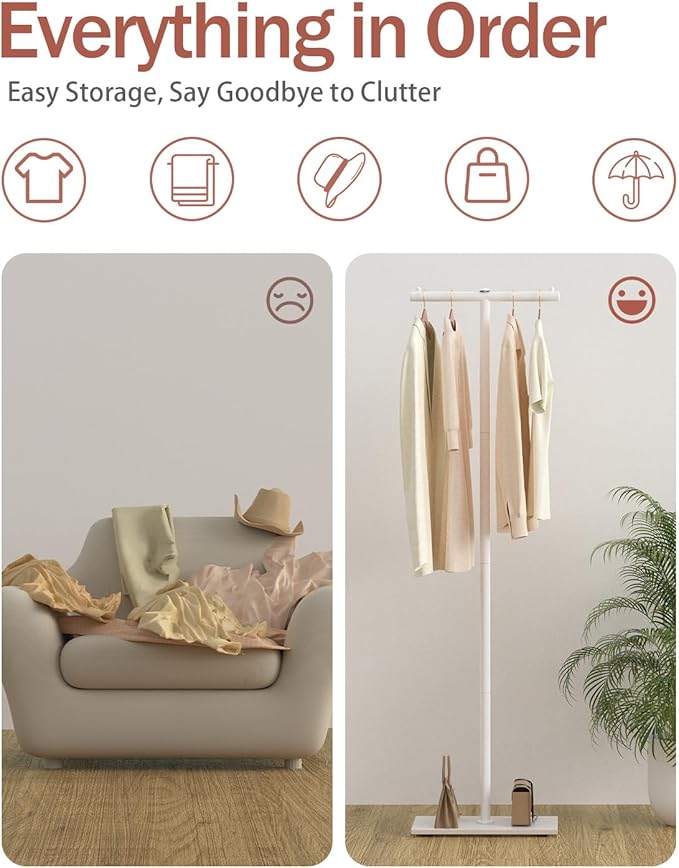 T-shaped Coat Rack Freestanding, Modern Clothes Rack with Rock Slab Base, Heavy-duty Metal Coat Tree for Boutiques, Hallway, Entryway, 68.9 Inches High, White, GYJ001W