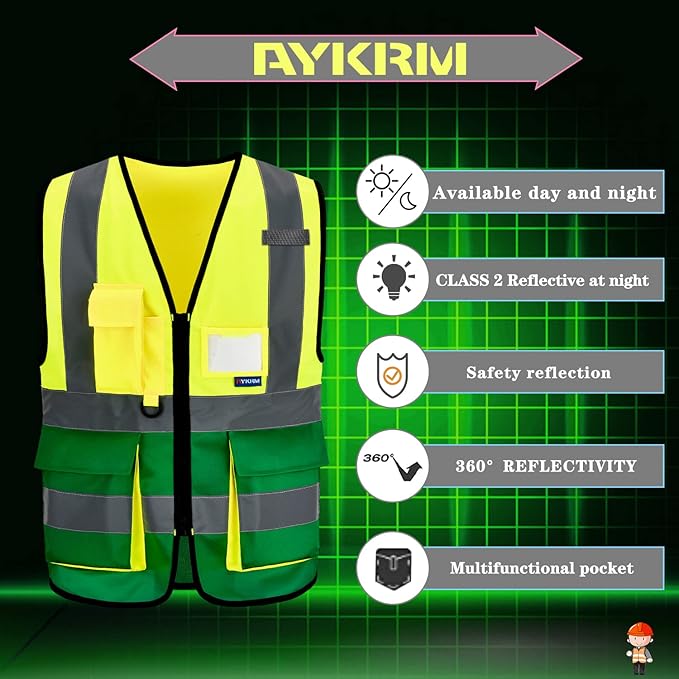XSMALL High Visibility REFLECTIVE WORK Yellow green Safety Vest with zipper Reflective Strips 7 Pockets