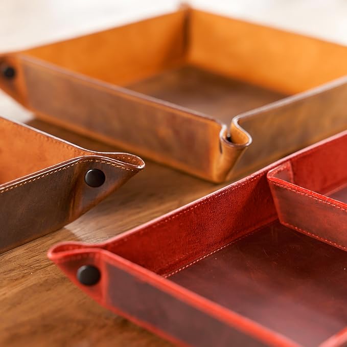 Handmade Leather Catch All Tray and Organizer for Keys, Phones, Jewels, Coins, Square - Medium, Light Camel