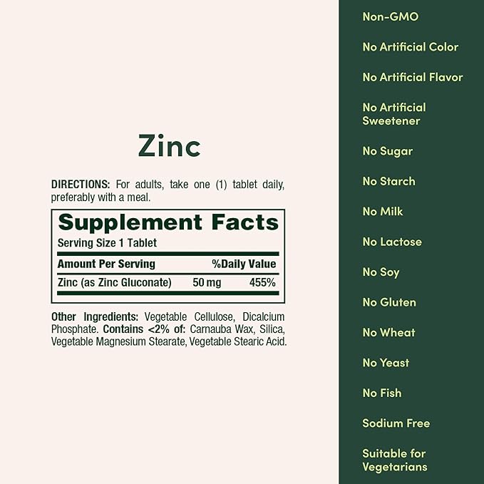 Nature’s Bounty Zinc 50mg, Immune Support & Antioxidant Supplement, Promotes Skin Health, 1 Caplet Per Day, Gluten Free, 250 Vegetarian Caplets (Pack of 2)