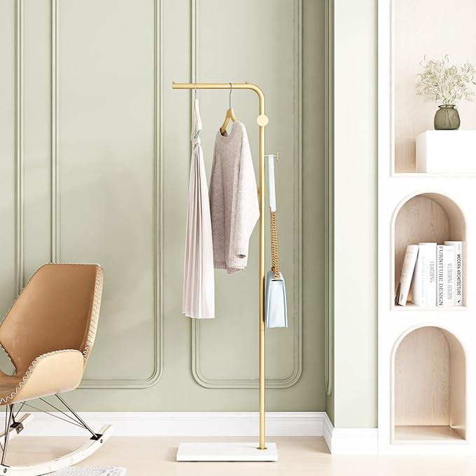 Gold Coat Rack with White Base, Freestanding Entryway Rack with 3 Hooks, L Shape Home Coat Hanger for Jackets, Hats, Clothes
