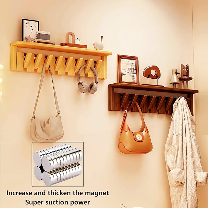 Wall Mounted Piano Key Hanger | Flip Style Hook | Entrance Wall Art Hook, Made of Oak Wood (3 Times Painted, 4 Times Polished) (Tray Beech, 8Hooks)