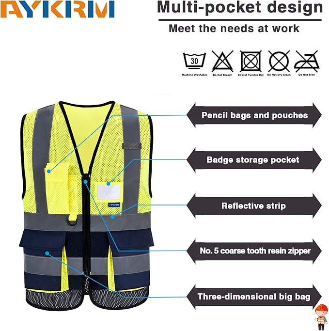 A-SAFETY High Visibility Safety Vest with 4 Reflective Strips 7 Pockets,Yellow&Navy Mesh X-Small