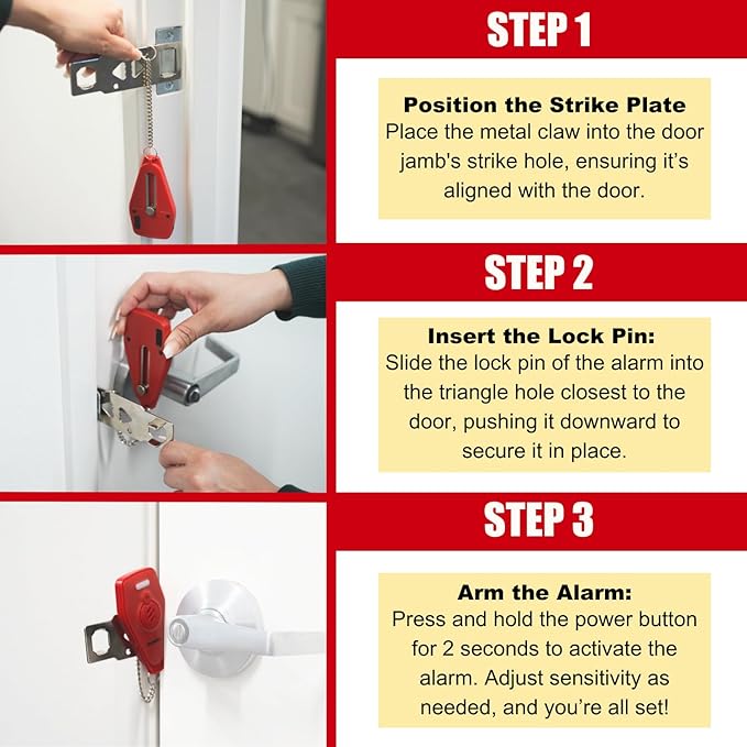Securityman Portable Door Lock with Alarm | Hotel Door Locks for Travelers Security | Loud 130dB Door Security Device for Hotel Room, Apartment Home, & Travel Safety Inside for Women Children - Red