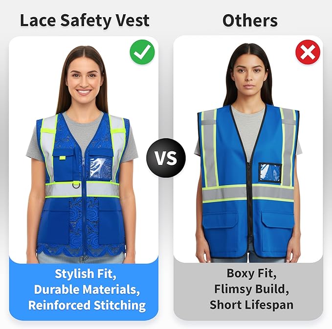 Lace-Mesh Safety Vest for Women & Men - Breathable, High Visibility Vest with Zipper & ANSI Class 2 Reflective Strips
