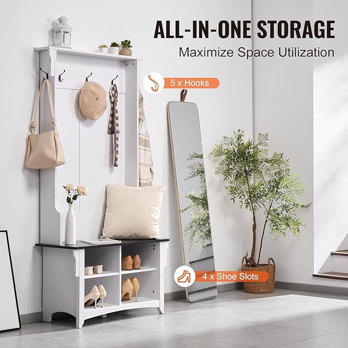 VEVOR Hall Tree Entryway Bench, Coat Rack with Shoe Storage, 32" Wide Mudroom Bench with Seating and Adjustable Shelves, 5 Hanging Hooks and 4 Storage Drawers, for Mudroom, Entryway, Hallway