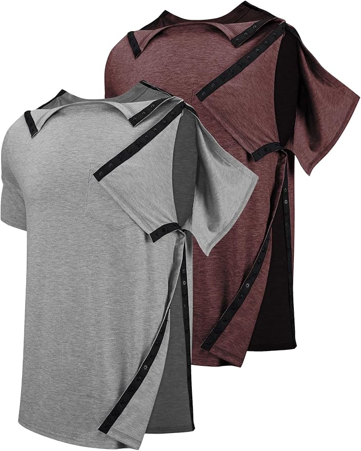 Men's Post Shoulder Surgery Recovery Shirts Tear Away Short Sleeve Full Open Side Snap Dialysis Chemo Clothing