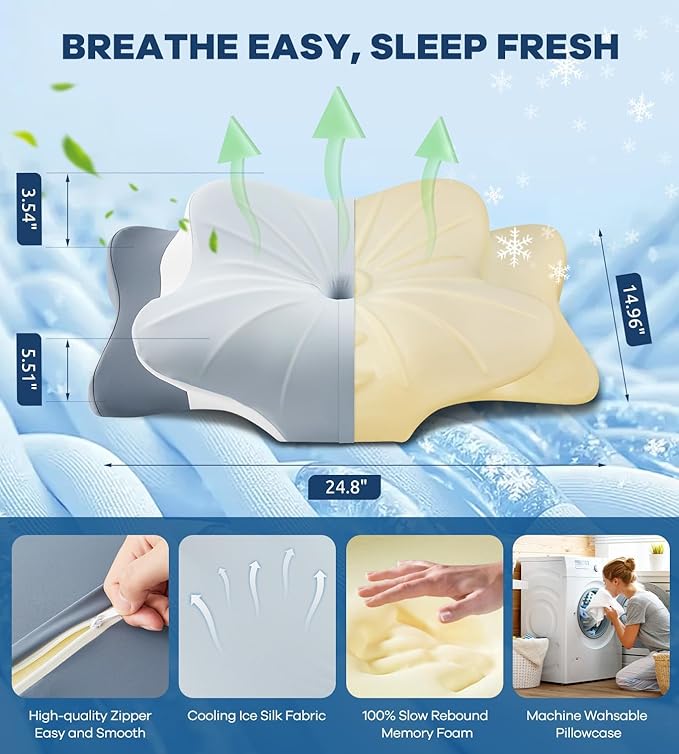 Cervical Pillow for Neck Pain Relief, Cooling Ergonomic Memory Foam Pillow with Ice Silk Pillowcase, Dual-Height Orthopedic Contour Support Pillow for Side,Back,Stomach Sleepers, CertiPUR-US Certified