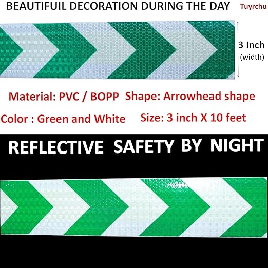 Green and White Reflective Tape Outdoor Waterproof 3 inch X 10 feet, High Visibility Conspicuity Safety Industrial Marking Tape