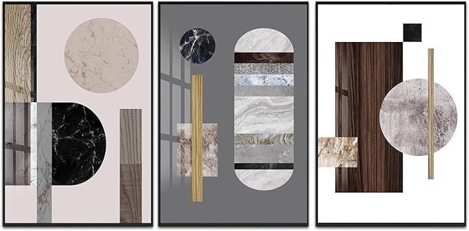 QKF Bright Extra Large Framed Canvas Wall Art For Living Room Wall Decor Home Modern Abstract Prints Large wall pictures geometric round square Wood Grain Brown（24"X32"X3 pieces）