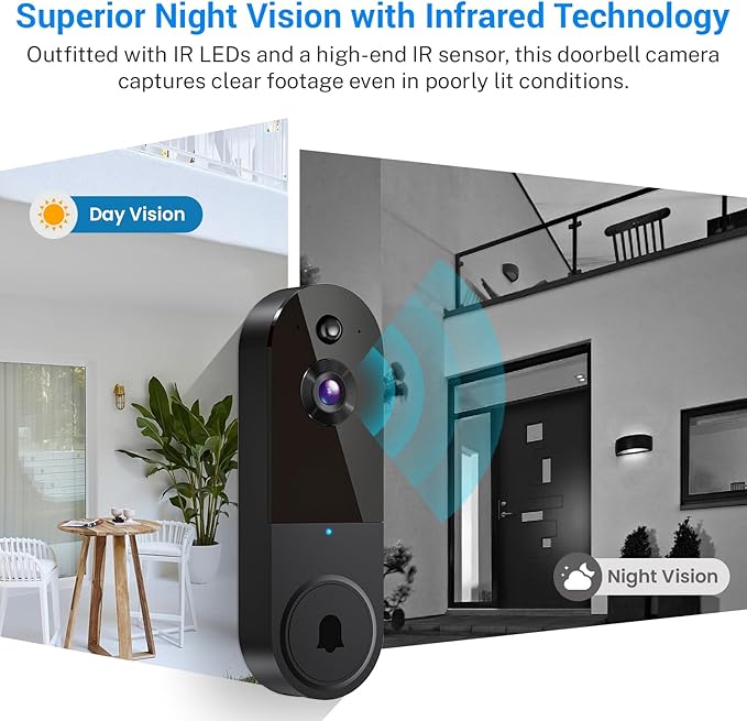 1080p Wireless Video Doorbell Camera with Indoor Receiver, AI Human Detection, 2-Way Audio, Night Vision, Cloud Storage, Real-Time Alerts, Smart Home Protection (Black)