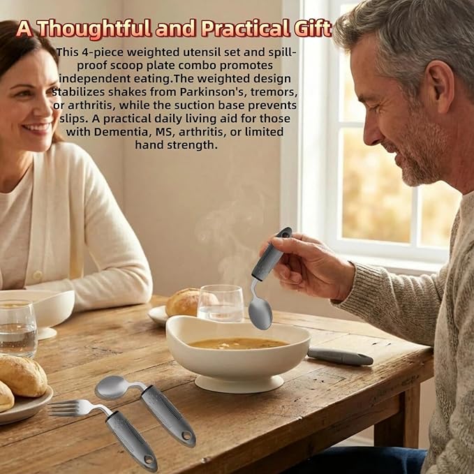 4Pcs Weighted Adaptive Utensils for Hand Tremors & Spill-Proof Scoop Plate with Suction Base – Practical Living Aids & Gifts for People with Parkinson's, Dementia, MS, Elderly & Disabled Adults