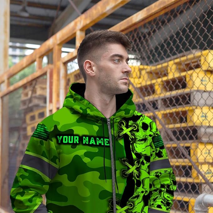 Maddly Hi Vis Reflective Zip Up Hoodie, High Visibility Safety Jacket with Skull Design for runner, worker, trucker, cyclist
