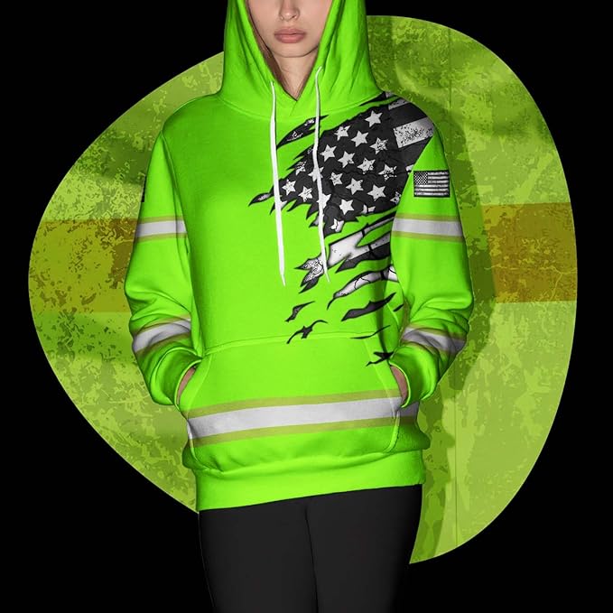 US Flag High Visibility Hoodie for Men Reflective Hoodie Safety Workwear for Worker Runner Patriotic ACC02