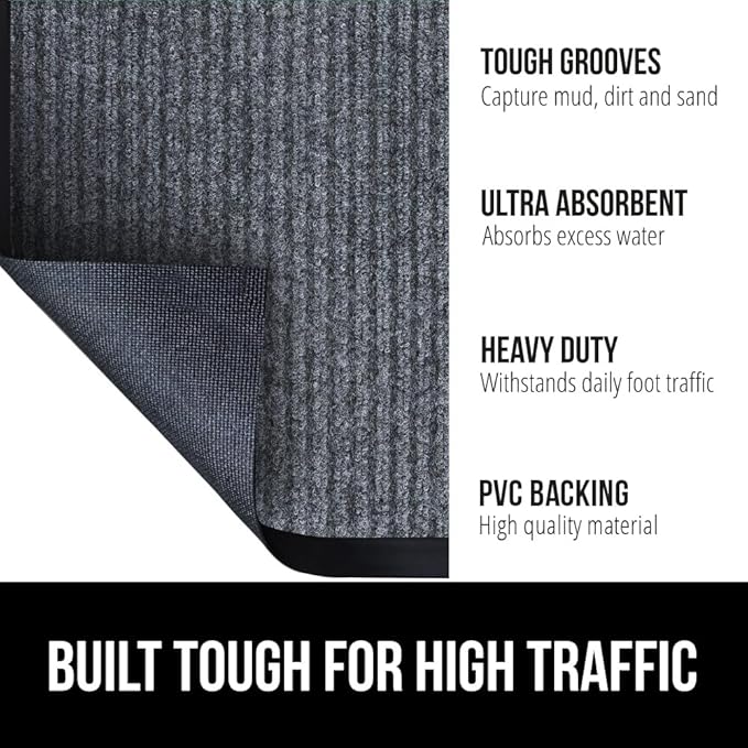 GORILLA GRIP Waterproof Traffic Guard Door Mat, 72x48, Heavy Duty Entryway Mats, Strong Rubber Back Commercial Utility Rugs for Office Hallway, Garage Floor and Home, Low Profile Carpet, Charcoal Gray