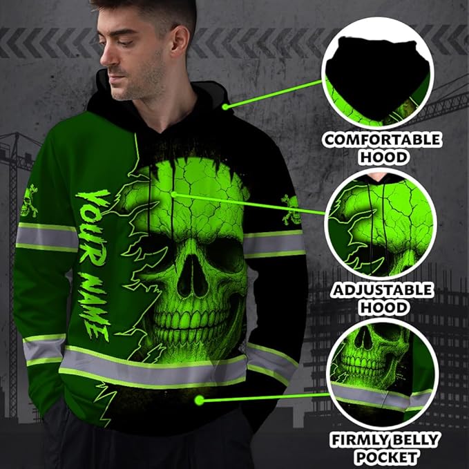 Matedecor Skull US Flag Reflective High Visibility Hoodie For Men Construction Hi Vis Safety Workwear Custom Name