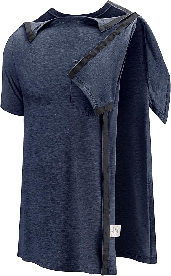 Poriff Men's Post Shoulder Surgery Recovery Shirts Full Tear Away Short Sleeve Snap Chemo Port Access Shirt