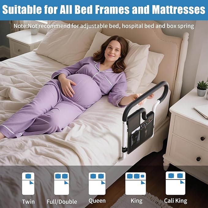 Bed Rails for Elderly Adults Safety: Adjustable Bedside Assist Bar for Seniors - Side Bed Railing Handle Support Guard - Bedrails Slides Under Mattress Fit King Size Queen Full Twin Beds