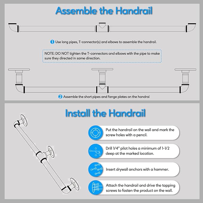 Pipe Stair Handrail, 3 Ft Metal Staircase Handrail, Black Galvanized Industrial Iron Hand Rail for Indoor & Outdoor Wall Mount Support, Wall Hand Railing,Safety Handle, Steps Baluster(HR01)