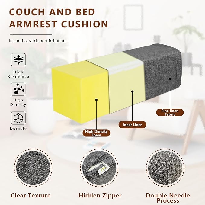 2 Pack Couch Arm Rest Pillow, 6''x6''x20'' Linen Cover, High Density Foam Armrest Cushion, Removable & Washable Elbow Support for Sofa, Bed, and Armchair (Dark Grey)