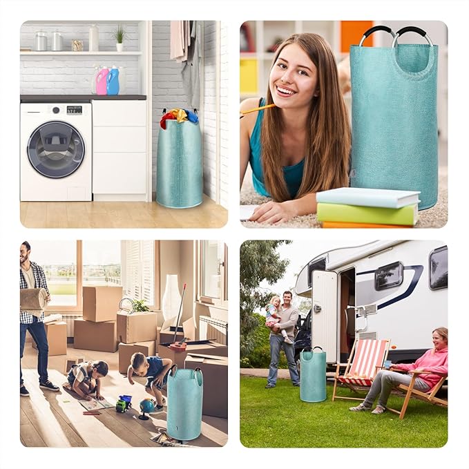 Small Laundry Hamper Bag Collapsible, Tall Laundry Basket with Durable Handles, Dirty Clothes Hampers for Bedroom, College Dorm, Girls, Women, Heavy Duty, Double Layer 82L - Light Blue